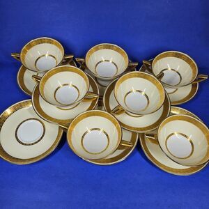 Minton Embassy - 7 Two Handled Cream Soup Bowls w/Saucers Gold Encrusted Rim